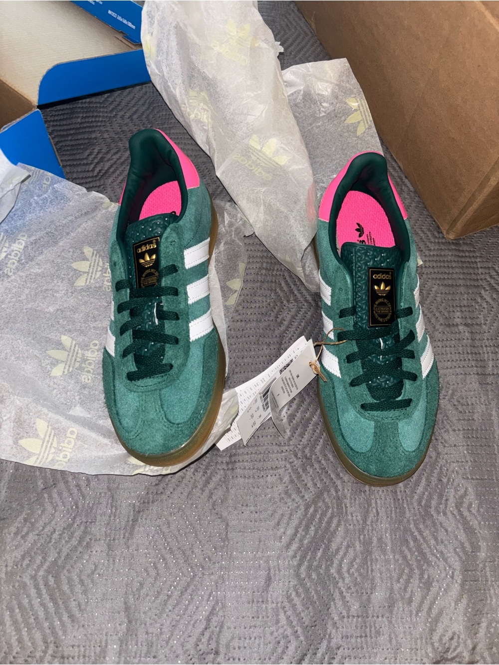 adidas Green Suede Sneakers with White Stripes and Pink Lining